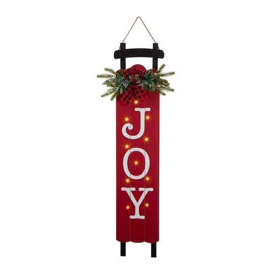 Glitzhome® 40" Lighted Wooden Sleigh JOY Porch Sign with Timer